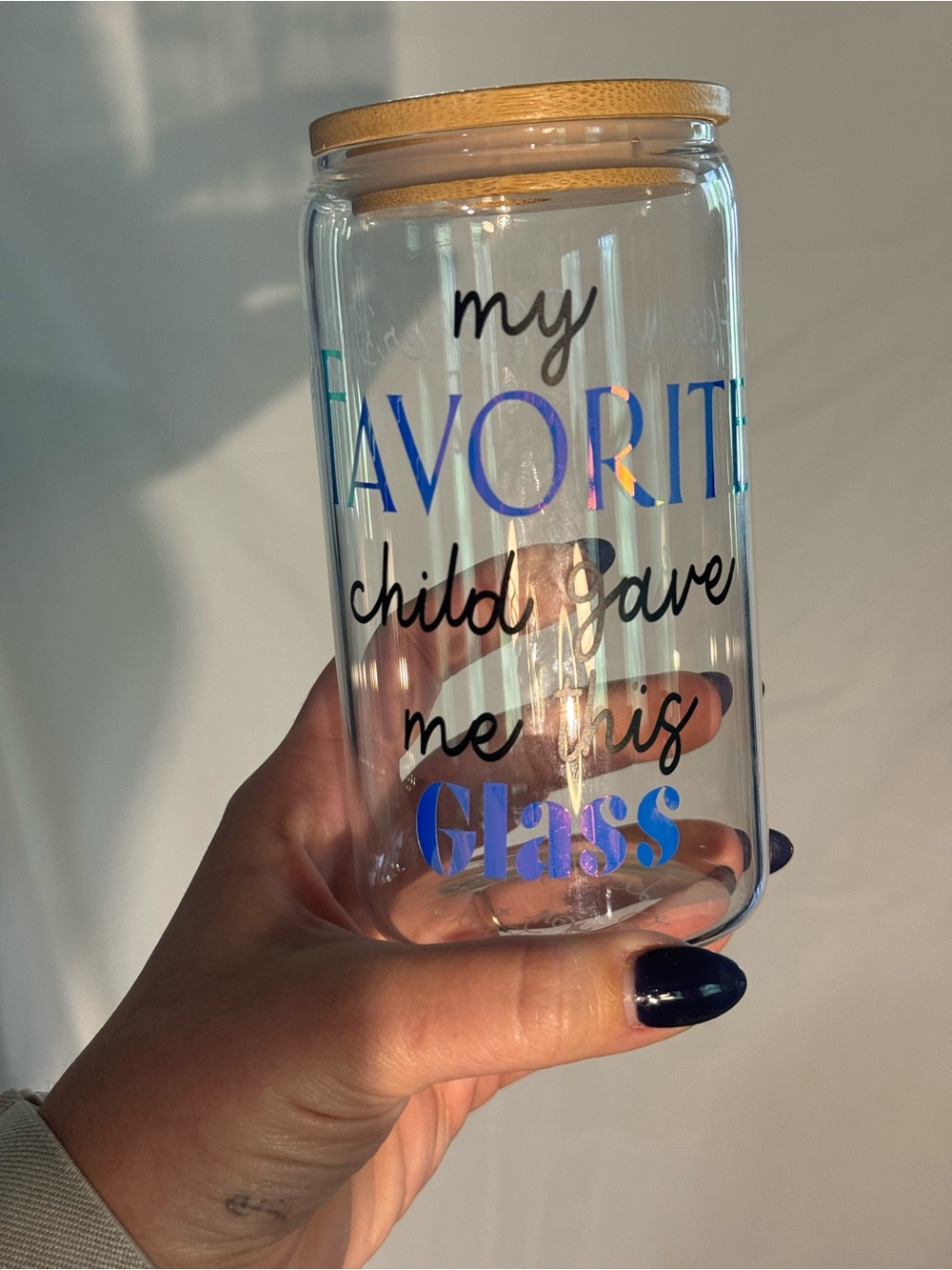 Clear Glass Tumbler with Bamboo Lid and Blue Iridescent Text